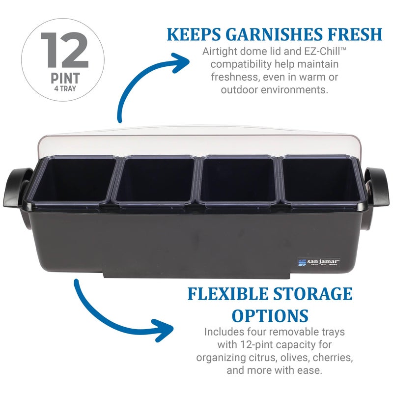 San Jamar Dome Garnish Center 4 Tray with Dome Lid for Kitchen, Bar, and Restaurants, Plastic, 12 Pints, Black - Image 1